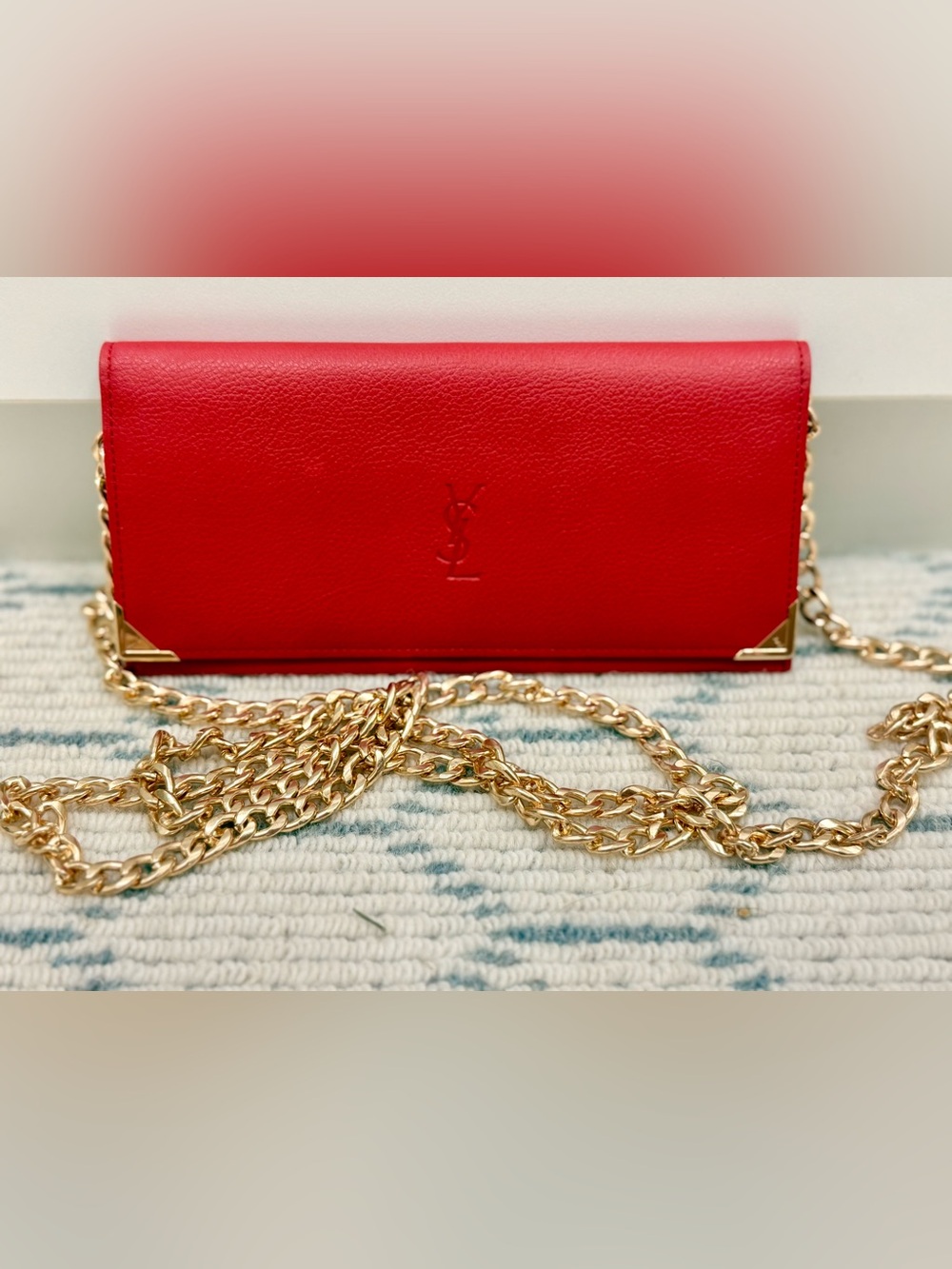 YSL Vintage 80’s Old Money Quiet Luxury Red Pebbled Leather Wallet W/ Crossbody - Picture 2 of 16